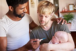 Male Same Sex Couple Checking Baby Daughters Temperature