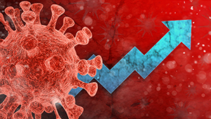 covid virus with arrow going up