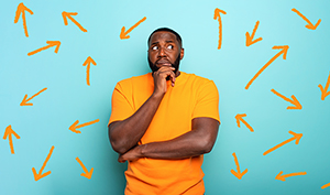 man thinking with arrows