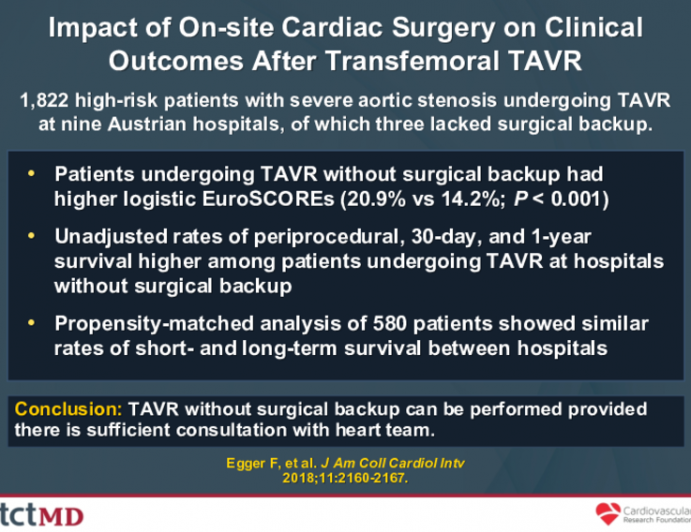 Impact of On-site Cardiac Surgery on Clinical Outcomes After Transfemoral TAVR