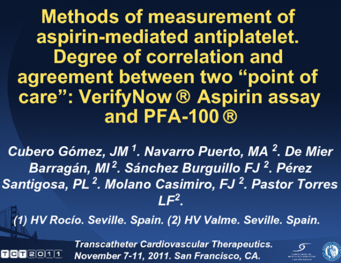 Methods of measurement of aspirin-mediated antiplatelet. Degree of correlation and agreement between two “point of care: VerifyNow®Aspirin assay and PFA-100®