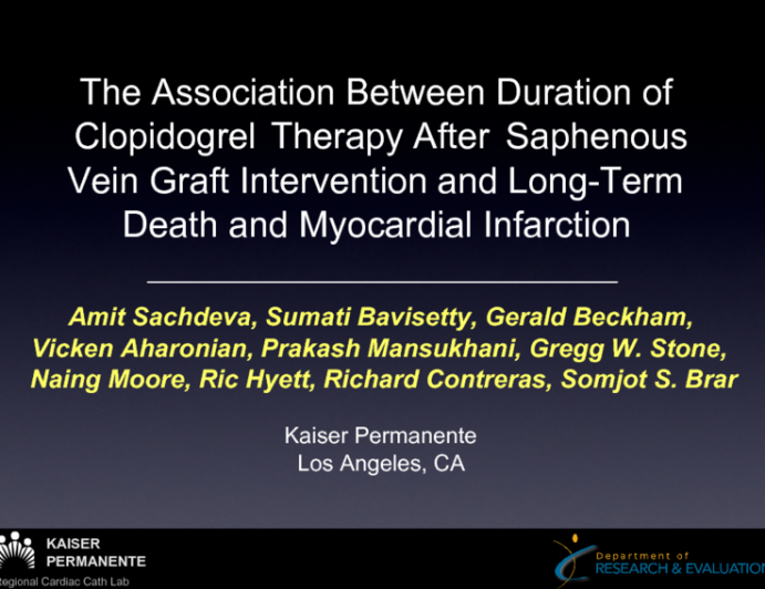 The Association Between Duration of Clopidogrel Therapy After Saphenous Vein Graft Intervention And Long-Term Death And Myocardial Infarction
