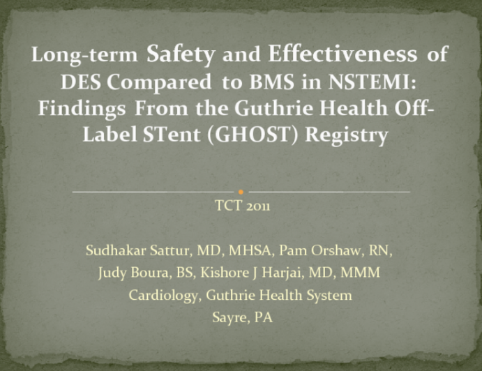 Long-term Safety and Effectiveness of Drug Eluting Stents Compared to Bare Metal Stents in Non ST Elevation Myocardial Infarction: Findings from the Guthrie Health Off-Label...