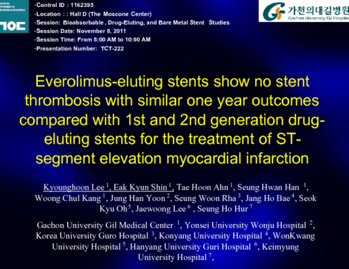 Everolimus-eluting stents show no stent thrombosis with similar one year outcomes compared with 1st and 2nd generation drug-eluting stents for the treatment of ST-segment...