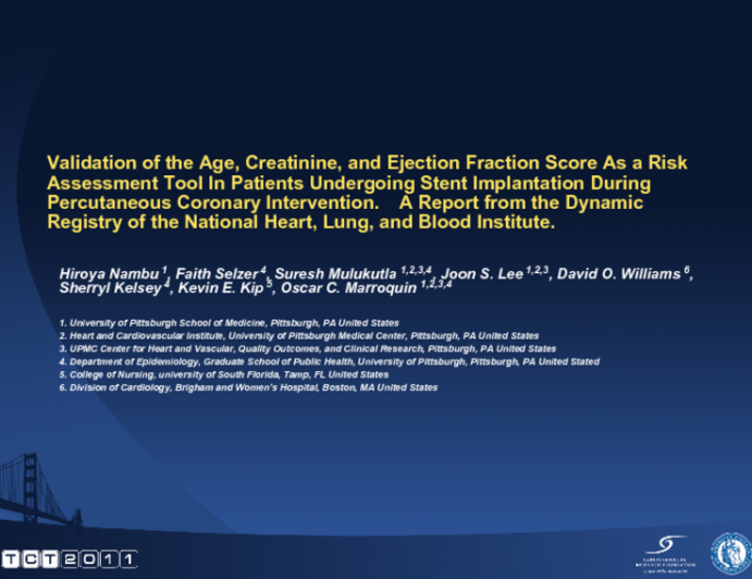 Validation of Age, Creatinine, and Ejection Fraction Score As a Risk Assessment Tool In Patients Undergoing Stent Implantation During Percutaneous Coronary Intervention. A...