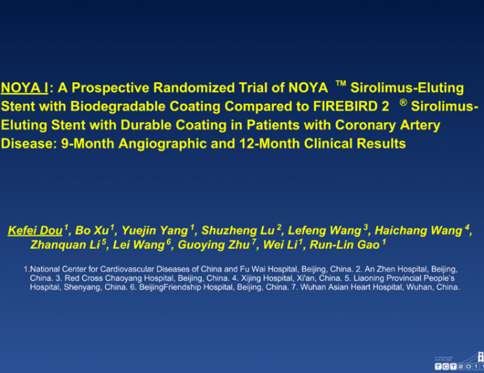 NOYA I: A Prospective Randomized Trial of NOYA Sirolimus-Eluting Stent with Biodegradable Coating Compared to FIREBIRD 2 Sirolimus-Eluting Stent with Durable Coating in...