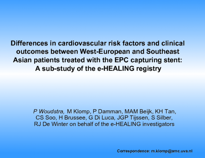 Differences in cardiovascular risk factors and clinical outcomes between West-European and Southeast Asian patients treated with the EPC capturing stent: A sub-study of the...