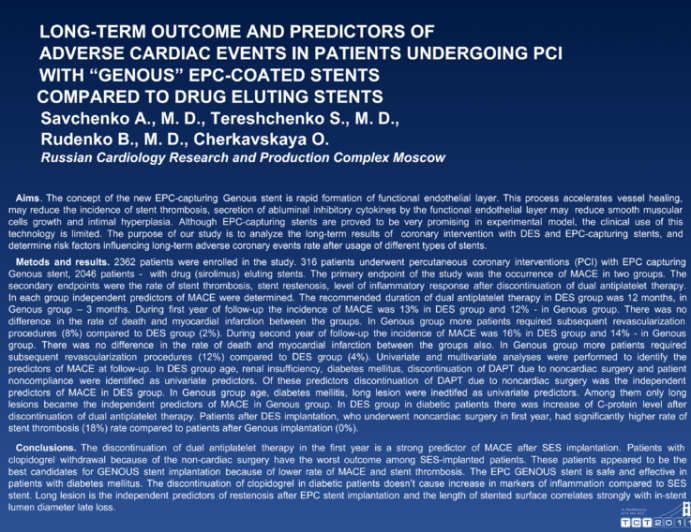 Predictors Of Adverse Cardiac Events after PCI With GENOUS EPC-Coated Stents Compared To Drug Eluting Stents