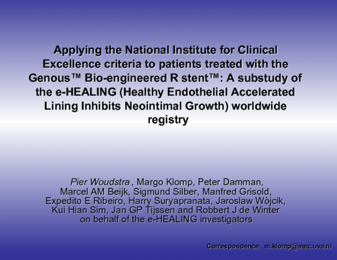 Applying the National Institute for Clinical Excellence criteria to patients treated with the Genous EPC capturing stent: A sub-study of the e-HEALING worldwide registry.