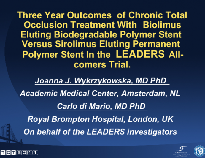 Three Year Outcomes Of Chronic Total Occlusion Treatment With Biolimus Eluting Biodegradable Polymer Stent Versus Sirolimus Eluting Permanent Polymer Stent In the LEADERS...