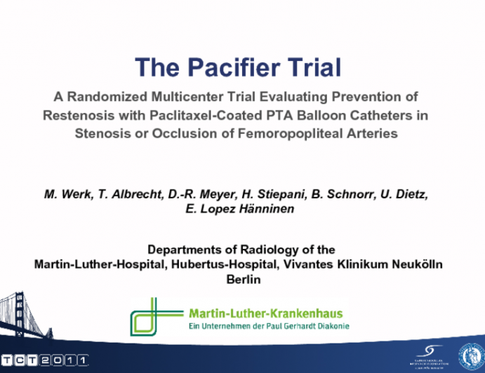 The Pacifier Trial. A Randomized Multicenter Trial Evaluating Prevention of Restenosis with Paclitaxel-Coated PTA Balloon Catheters in Stenosis or Occlusion of Femoropopliteal...