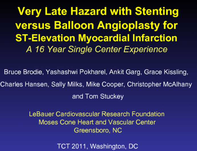 Very Late Hazard with Primary Stenting versus Primary PTCA for STEMI:  A 16 Year Single Center Experience