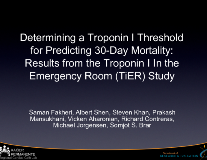 Determining a Troponin I Threshold for Predicting 30-Day Mortality: Results from the Troponin I In the Emergency Room (TiER) Study