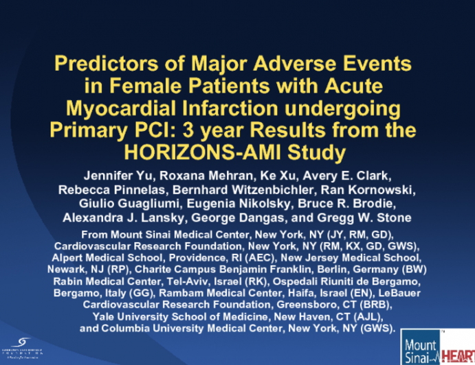 Predictors of Major Adverse Events in Female Patients with Acute Myocardial Infarction undergoing Primary PCI: Three Year Results from the HORIZONS-AMI Study