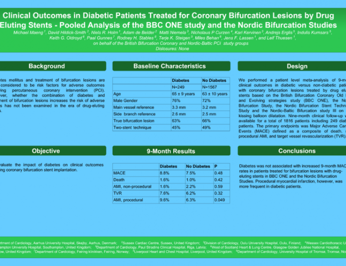 Clinical Outcome in Diabetic Patients Treated for Coronary Bifurcation Lesions by Drug Eluting Stents - Pooled Analysis of the BBC ONE study and the Nordic Bifurcation Studies.