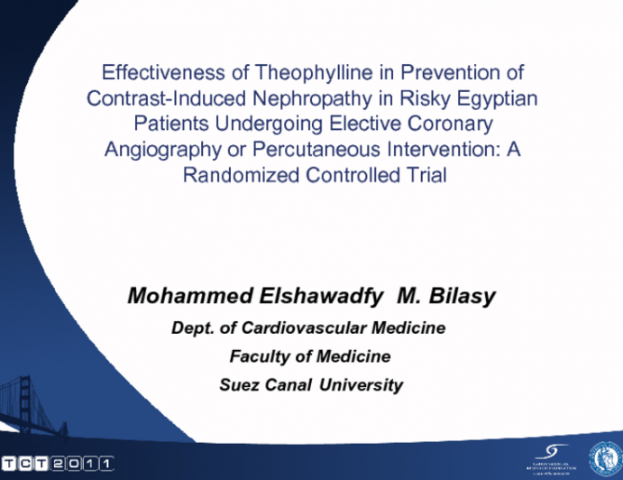 Effectiveness of Theophylline in Prevention of Contrast-Induced Nephropathy in Risky Egyptian Patients Undergoing Elective Coronary Angiography or Percutaneous Intervention: A...