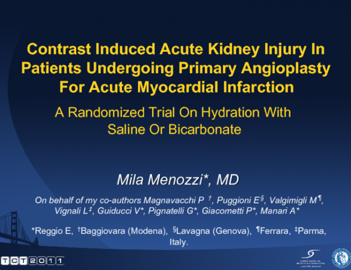 Contrast Induced Acute Kidney Injury In Patients Undergoing Primary Angioplasty For Acute Myocardial Infarction. A Randomized Trial On Hydration With Saline Or Bicarbonate.