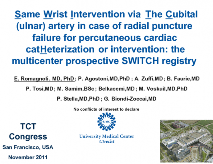 Same Wrist Intervention via The Cubital (ulnar) artery in case of radial puncture failure for percutaneous cardiac catheterization or intervention: the multicenter prospective...