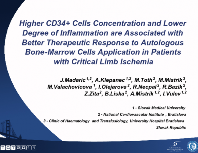 Higher CD34+ Cells Concentration and Lower Degree of Inflammation are Associated with Better Therapeutic Response to Autologous Bone Marrow Cells Application in Patients with...