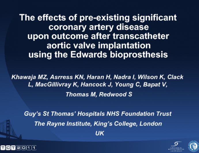 The Effects of Pre-existing Significant Coronary Artery Disease Defined by QCA Analysis Upon Outcome After Transcatheter Aortic Valve Implantation Using the Edwards Bioprosthesis