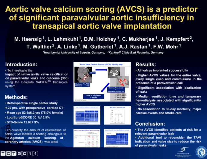 Aortic valve calcium scoring (AVCS) is a predictor of significant paravalvular aortic insufficiency in transapical aortic valve implantation