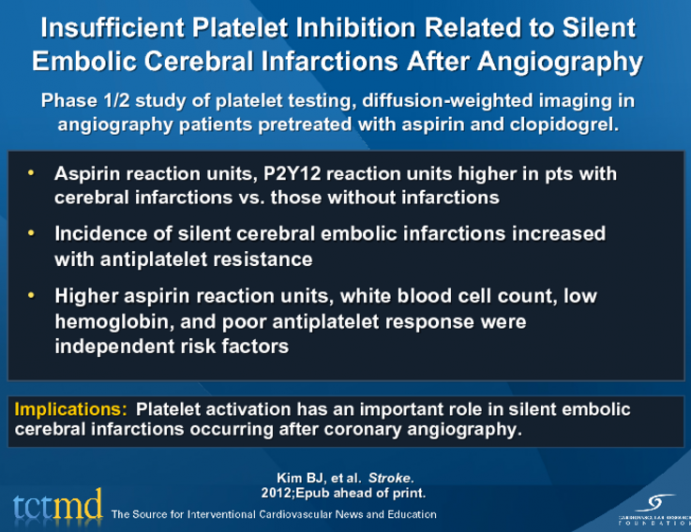 Insufficient Platelet Inhibition Related to Silent Embolic Cerebral Infarctions After Angiography