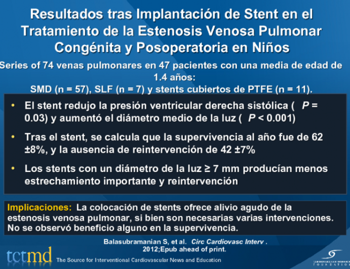 Resultados tras Implantación de Stent en el Tratamiento de la Estenosis Venosa Pulmonar Congénita y Posoperatoria en Niños