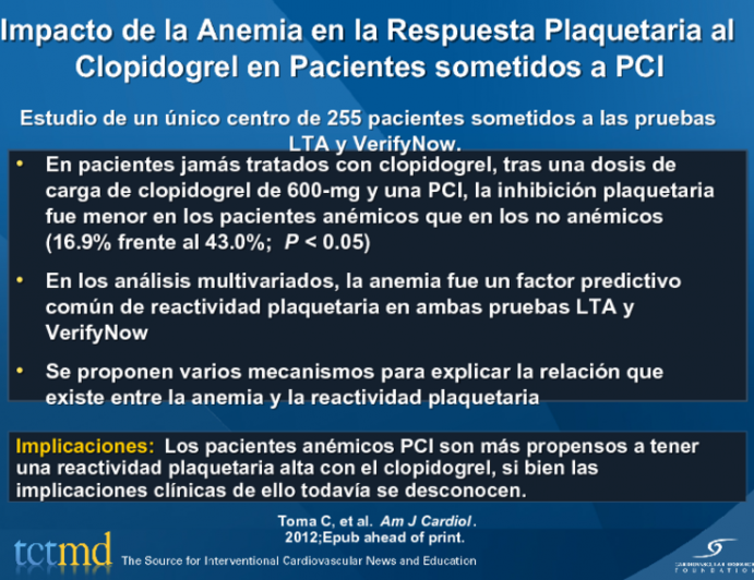 Impacto de la Anemia en la Respuesta Plaquetaria al Clopidogrel en Pacientes sometidos a PCI