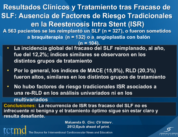 Resultados Clínicos y Tratamiento tras Fracaso de SLF: Ausencia de Factores de Riesgo Tradicionales  en la Reestenosis Intra Stent (ISR)