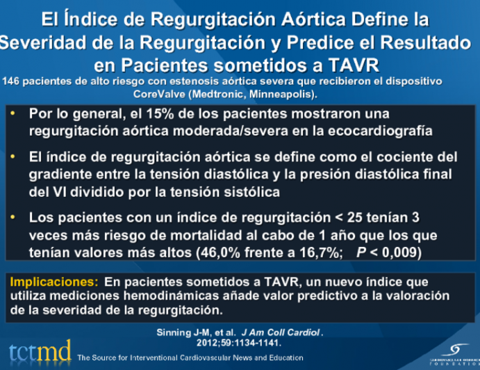El Índice de Regurgitación Aórtica Define la Severidad de la Regurgitación y Predice el Resultado en Pacientes sometidos a TAVR