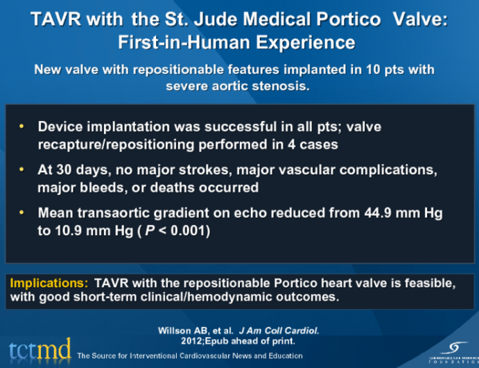 TAVR with the St. Jude Medical Portico Valve: First-in-Human Experience