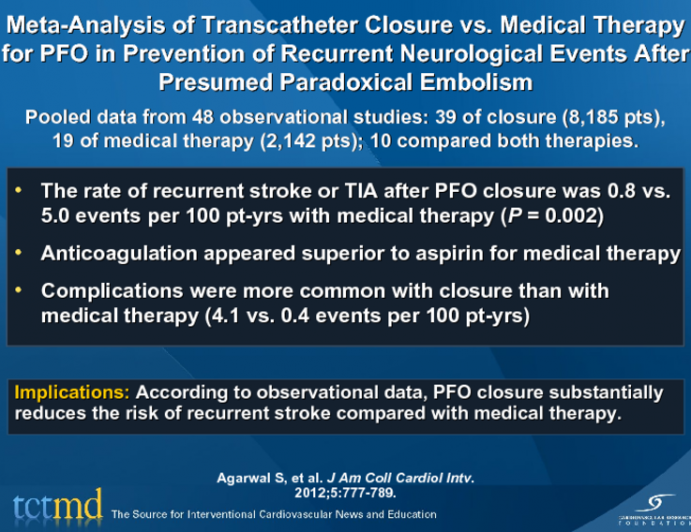 Meta-Analysis of Transcatheter Closure vs. Medical Therapy for PFO in Prevention of Recurrent Neurological Events After Presumed Paradoxical Embolism