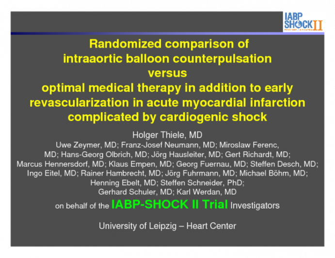 Randomized Comparison of Intra-aortic Balloon Counterpulsation vs. Optimal Medical Therapy in Addition to Early Revasacularization in AMI and Cardiogenic Shock