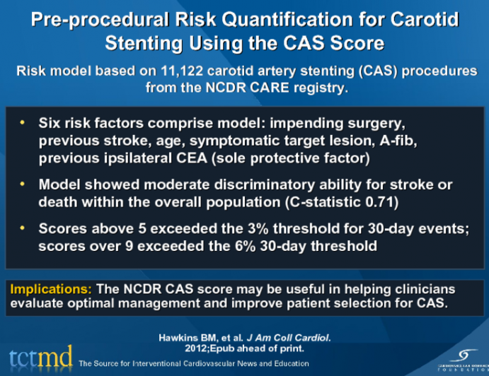 Pre-procedural Risk Quantification for Carotid Stenting Using the CAS Score