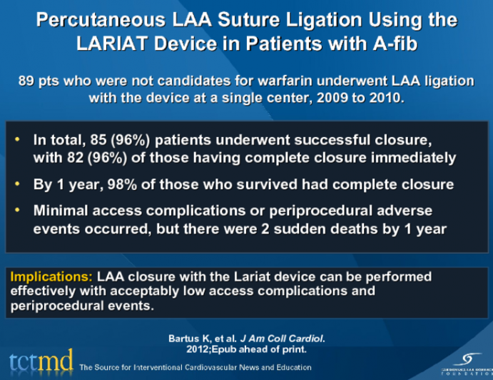 Percutaneous LAA Suture Ligation Using the LARIAT Device in Patients with A-fib