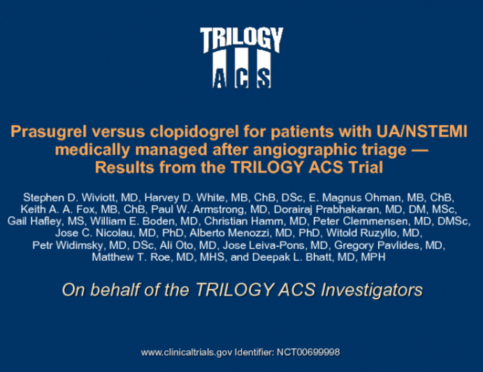 TRILOGY ACS Angiographic Cohort: A Prospective, Randomized Trial of Prasugrel vs. Clopidogrel in Patients with Non-ST-Segment Elevation ACS Who Are Medically Managed After...