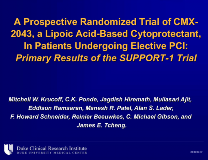 SUPPORT-1:  A Prospective, Randomized Trial of a Lipoic Acid-Based Cytoprotectant in Patients Undergoing Elective PCI