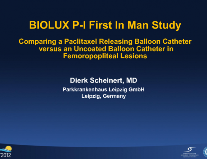 TCT-585: Six-Month Results of the BIOLUX P-I First-in-Man Study Comparing a Paclitaxel-Releasing Balloon Catheter vs. an Uncoated Balloon Catheter in Femoropopliteal Lesions