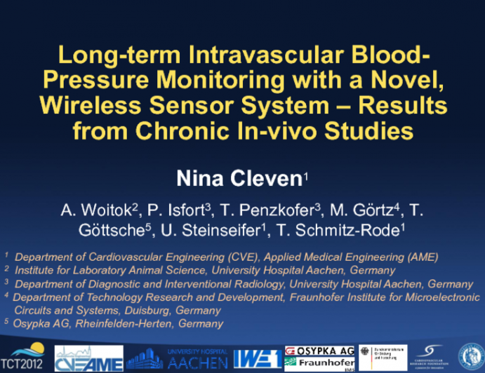 TCT-105: Long-term Intravascular Blood Pressure Monitoring with a Novel Wireless Sensor System: Results from Chronic In-Vivo Studies