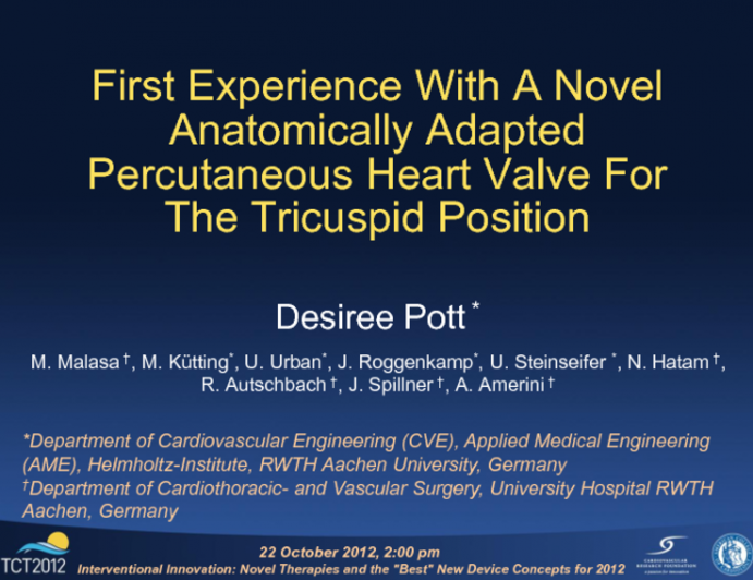 TCT-110: First Experience with a Novel Anatomically Adapted Percutaneous Heart Valve for the Tricuspid Position