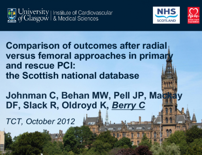 TCT-30. Clinical Outcomes Following Radial Versus Femoral Artery Access in Primary or Rescue Percutaneous Coronary Intervention in Scotland: Retrospective Cohort Study of 4534...