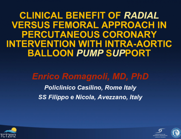 TCT-31. Clinical Benefit of Radial vs. Femoral Approach in Percutaneous Coronary Intervention with Intra-aortic Balloon Pump Support