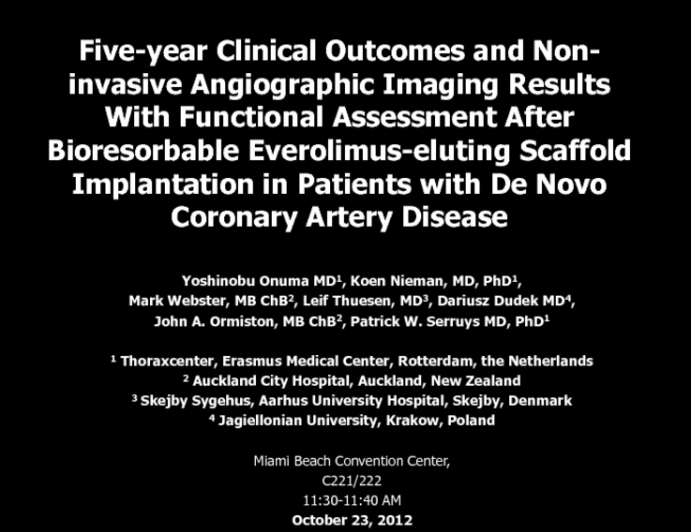 TCT-37. Five-year Clinical Outcomes and Non-invasive Angiographic Imaging Results With Functional Assessment After Bioresorbable Everolimus-eluting Scaffold Implantation in...