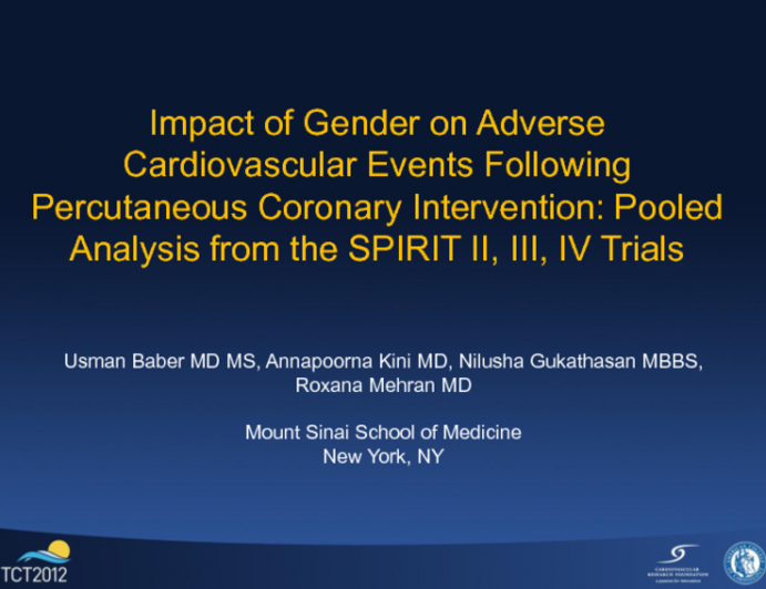 TCT-72. Impact of Gender on Adverse Cardiovascular Events Following Percutaneous Coronary Intervention: Pooled Analysis from the SPIRIT II, III and IV Trials