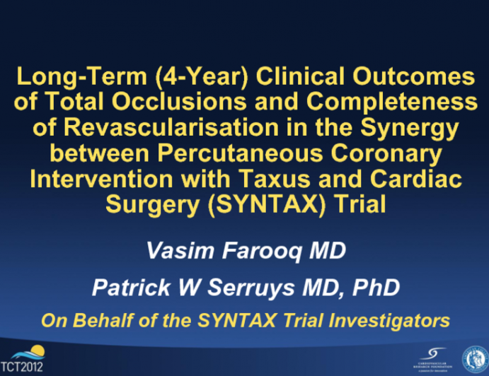 TCT-78. Long-Term (4-Year) Clinical Outcomes of Total Occlusions and Completeness of Revascularisation in the Synergy between Percutaneous Coronary Intervention with Taxus and...