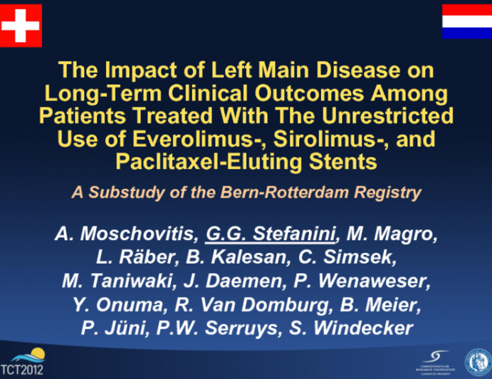 TCT-41. The Impact of Left Main Disease on Long-term Clinical Outcomes Among Patients Treated with the Unrestricted Use of Everolimus-Eluting, Sirolimus-Eluting, and...