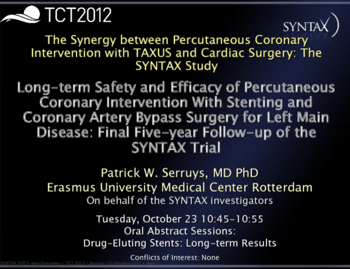 TCT-42. Long-term Safety and Efficacy of Percutaneous Coronary Intervention with Stenting and Coronary Artery Bypass Surgery for Left Main Disease: Final Five-year Follow-up...