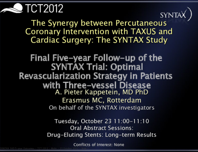 TCT-43. Final Five-year Follow-up of the SYNTAX Trial: Optimal Revascularization Strategy in Patients with Three-vessel Disease