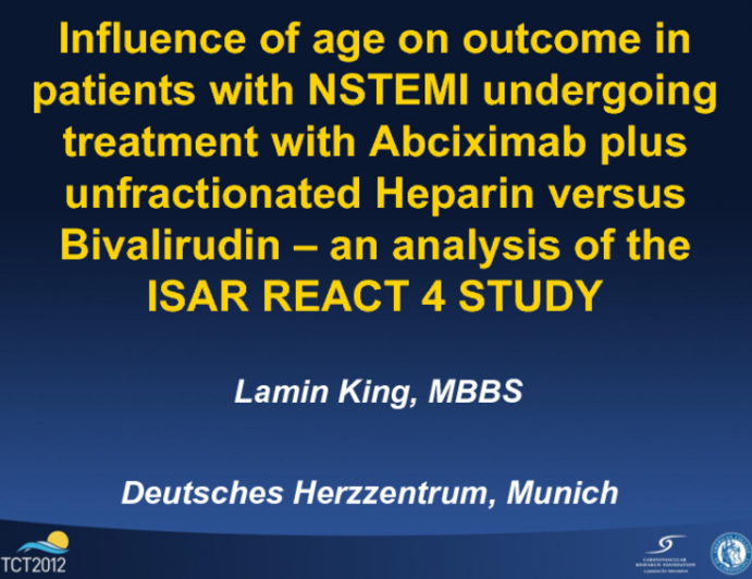 TCT-50. Influence of Age on Clinical Outcomes in Patients with NSTEMI Undergoing Treatment with Abciximab plus Unfractionated Heparin vs. Bivalirudin: Analysis of the ISAR...