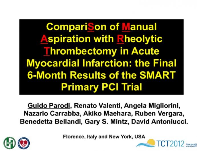 TCT-60. CompariSon of Manual Aspiration with Rheolytic Thrombectomy in Acute Myocardial Infarction: The Final 6-Month Results of the SMART Primary PCI Trial